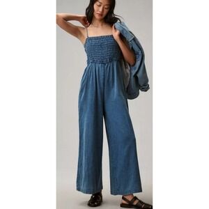 Pilcro Wide Leg Jumpsuit Smocked Denim Blue Anthropologie Coastal Boho  Hippie M